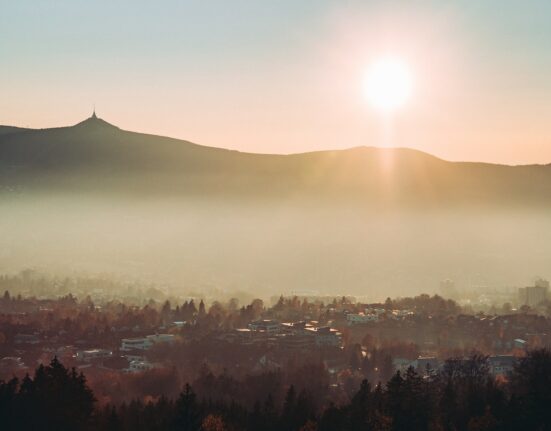 green trees and mountains during sunrise