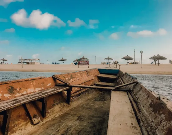 brown wooden bench on beach during daytime