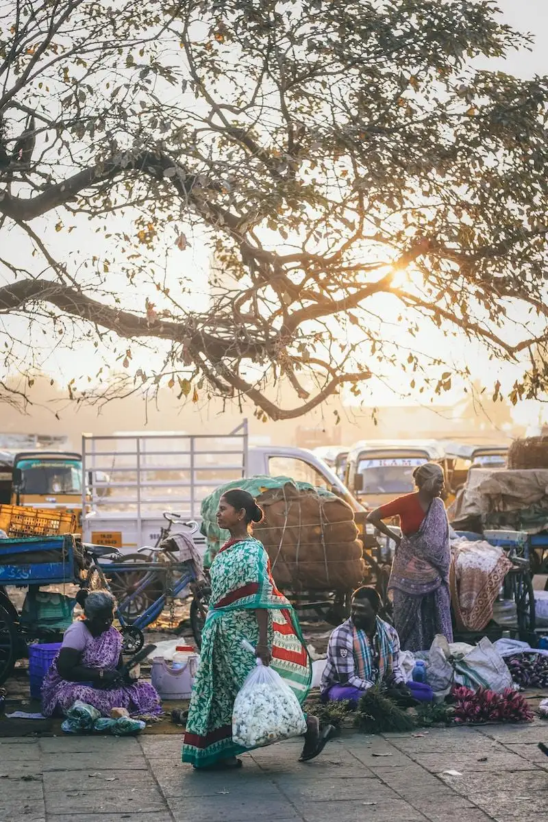Photo by Prashanth Pinha woman wearing green and red sari dress walking on road