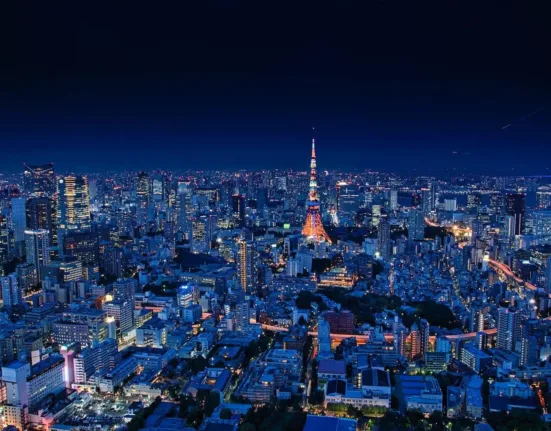 aerial view of city buildings during night time