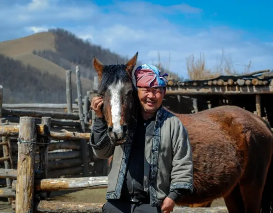 a man standing next to a brown horse
