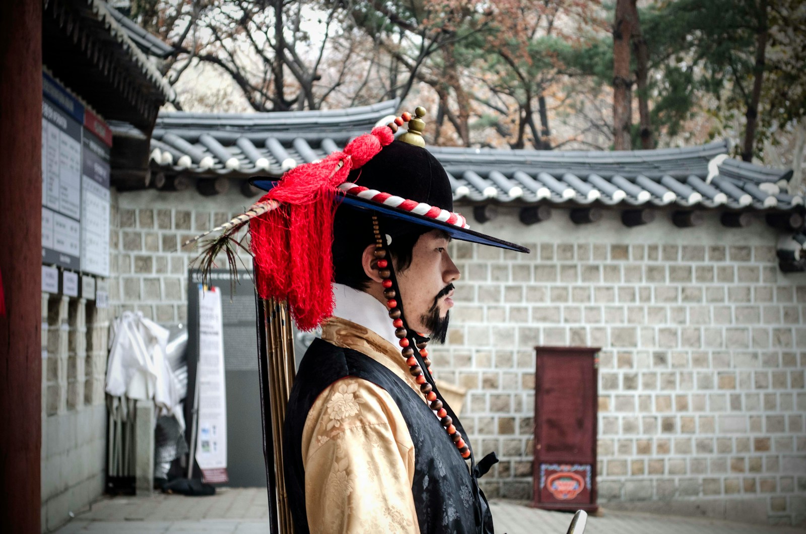 man in black and brown jacket wearing red and black hat